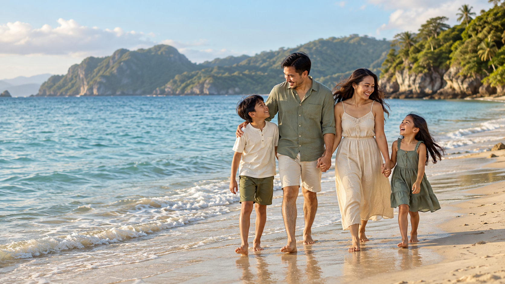 A Filipino family enjoying a quiet walk together along the beach