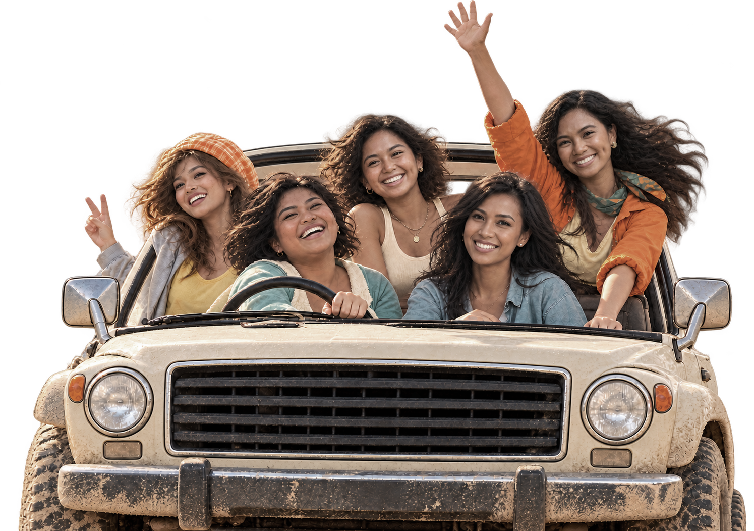 Five friends enjoying a road trip together in an open-top vehicle